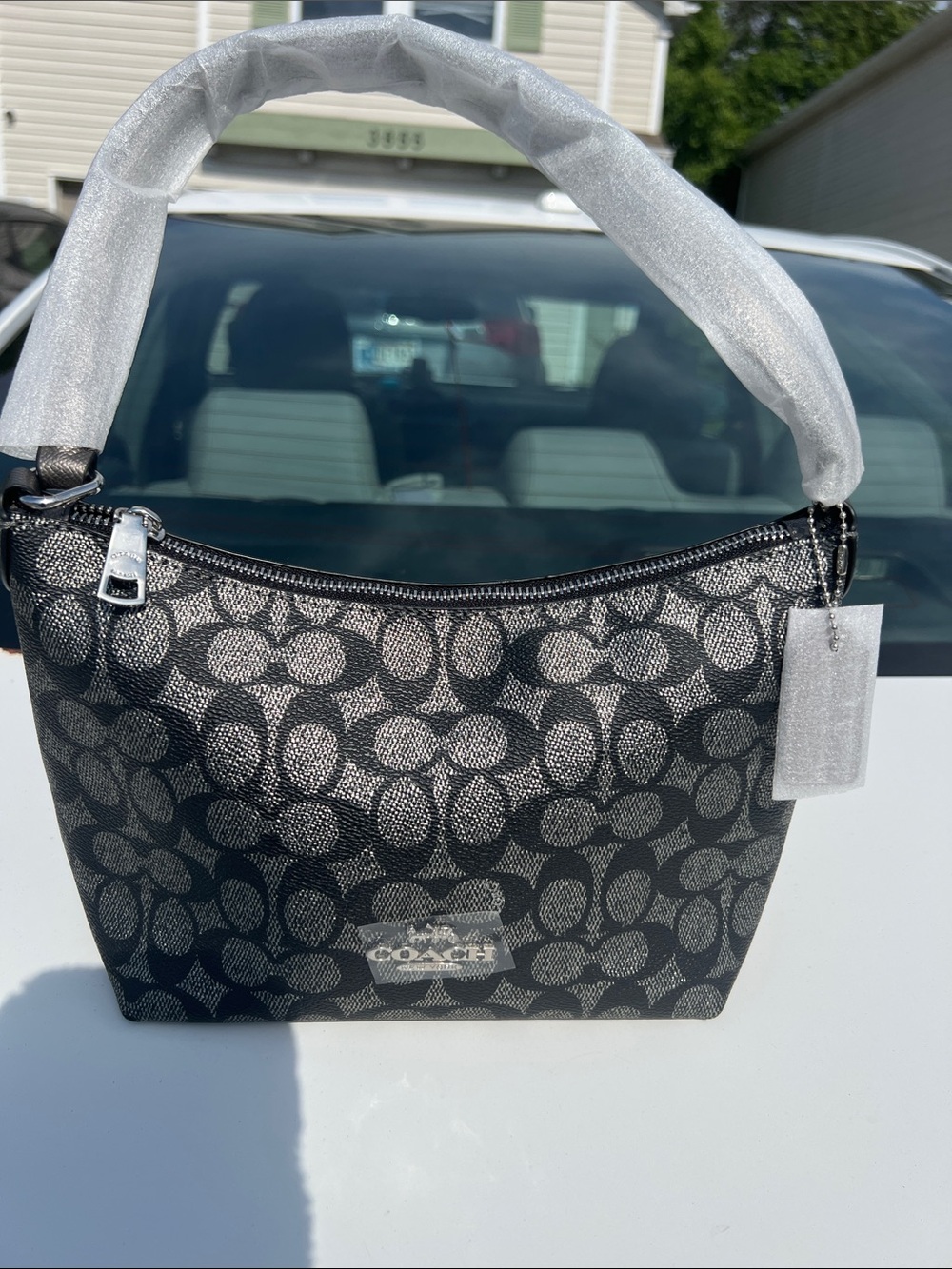 Coach Black Signature Canvas Shoulder Bag with Silver Hardware